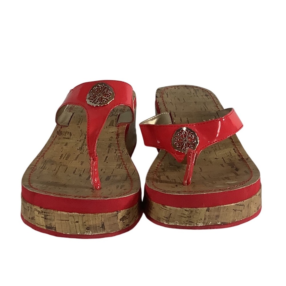 Red Patent Cork Wedge Sandals Silver Medallion Thong Platform Slides Womens 10